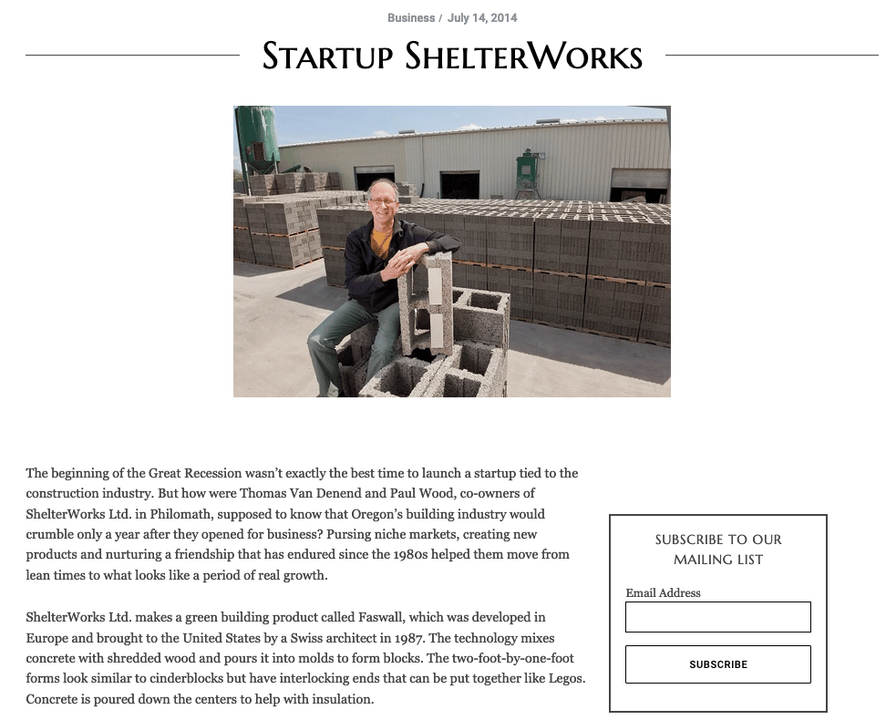 Shelterworks Faswall en la revista Oregon
